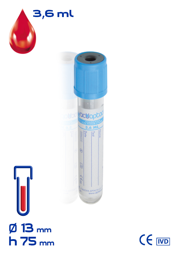 Вакуумна пробірка 3,8% 9NC з ПЕT, об. 3.6 ml (мл), діаметр 13 x 75 mm (мм), стерильна, блакитна кришка, етикетка (30501/38) (100 шт/уп)